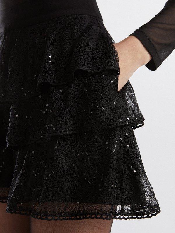 Pomelo VERSE Sequin Embellished Detail Ruffled Lace Shorts - Black