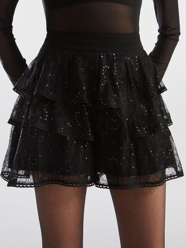 pomelo VERSE Sequin Embellished Detail Ruffled Lace Shorts - Black