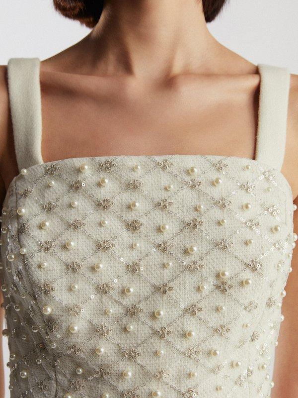 Pomelo VERSE Sequin Embellished Tweed Cropped Cami Top - Cream
