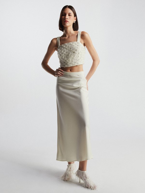 Pomelo VERSE Sequin Embellished Tweed Cropped Cami Top - Cream