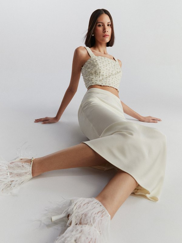 Pomelo VERSE Sequin Embellished Tweed Cropped Cami Top - Cream