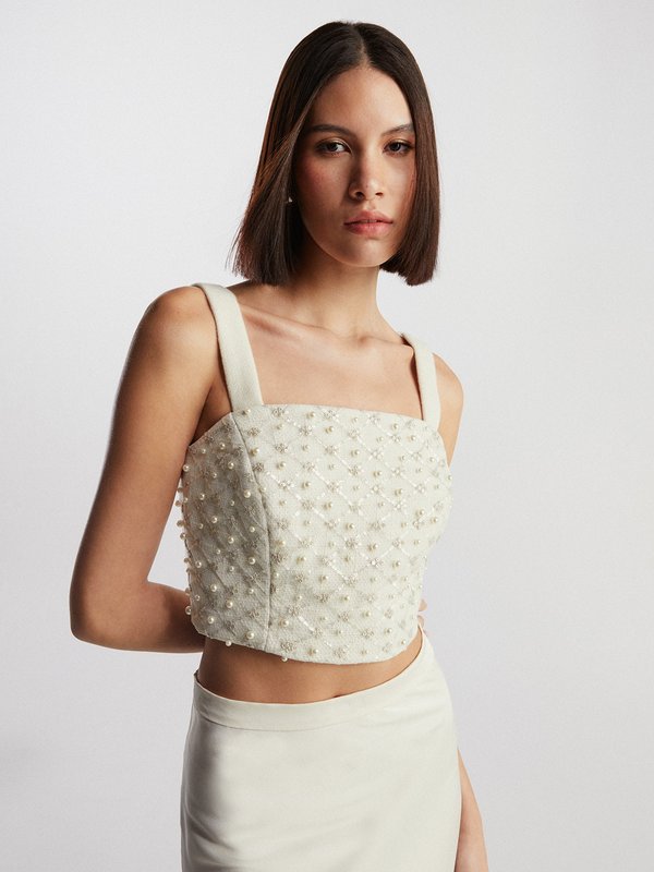 pomelo VERSE Sequin Embellished Tweed Cropped Cami Top - Cream