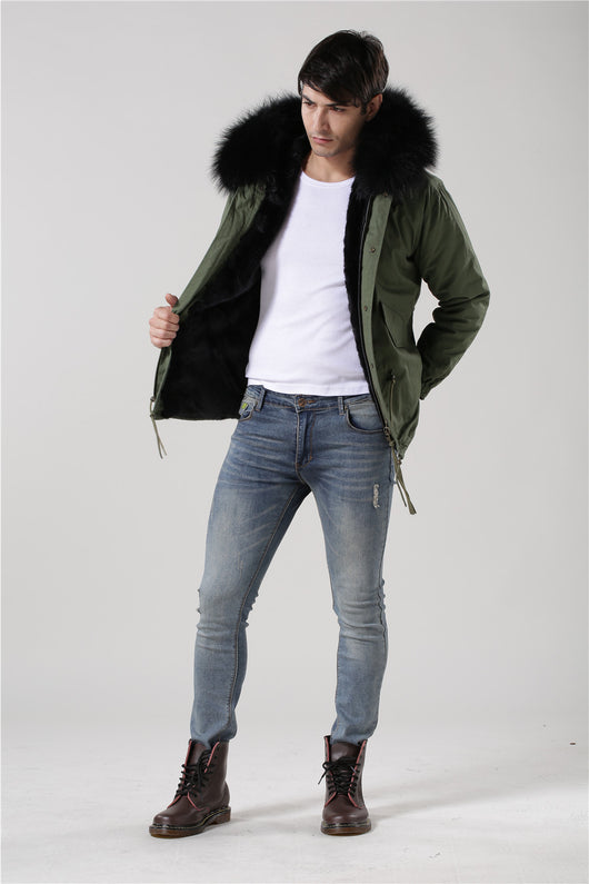 Pomkin Men's Black Fur Convertible Green Parka - Short