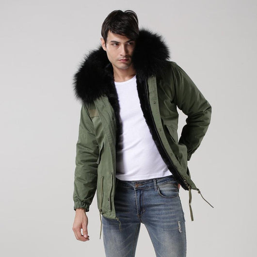 pomkin Men's Black Fur Convertible Green Parka - Short