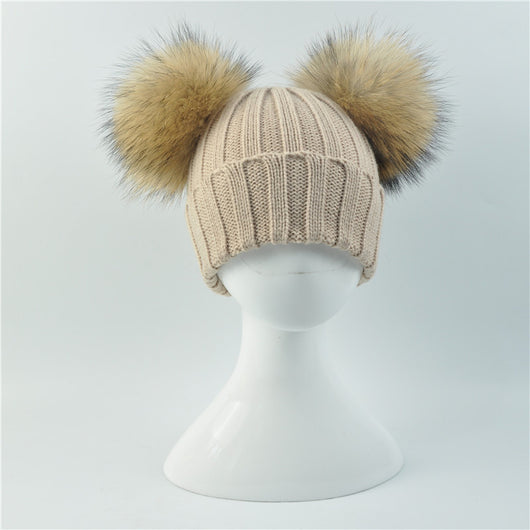 pomkin Mini Beige Double Natural Pomkin Fur Pom Hat