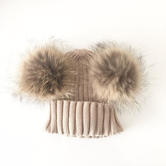 Pomkin Beige Double Natural Pomkin Fur Pom Hat
