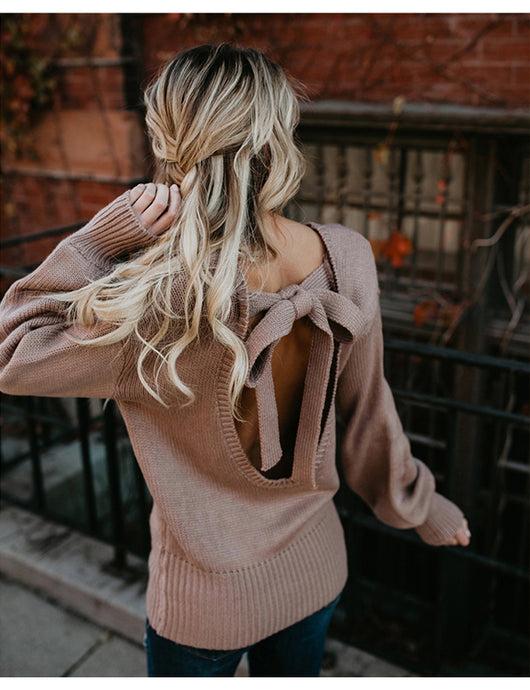Pomkin CLAIRE Backless Bow Tie Sweater - Blush Pink