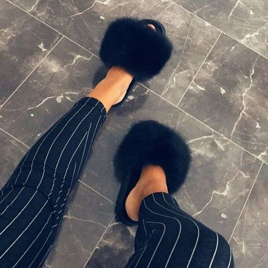 Pomkin Fur Slides Slippers - Black