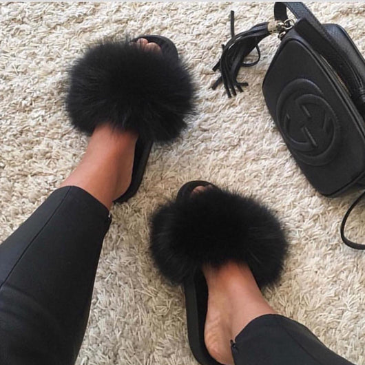 pomkin Fur Slides Slippers - Black