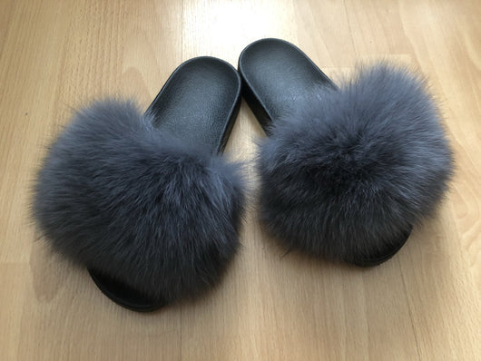 Pomkin Fur Slides Slippers - Dark Grey