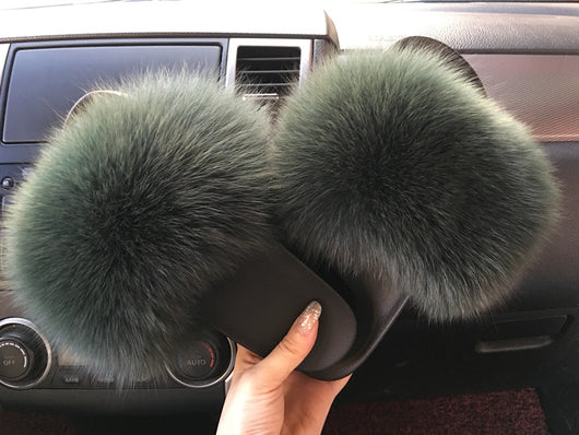 Pomkin Fur Slides Slippers - Forest Green
