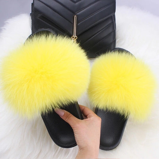 pomkin Fur Slides Slippers - Lemon Yellow