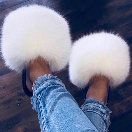 pomkin Fur Slides Slippers - Snow White/Black Sole