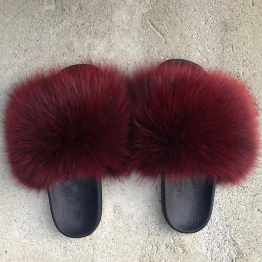 pomkin Fur Slides Slippers - Wine Burgundy