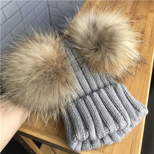 Pomkin Grey Double Natural Pomkin Fur Pom Hat
