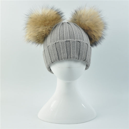 pomkin Grey Double Natural Pomkin Fur Pom Hat