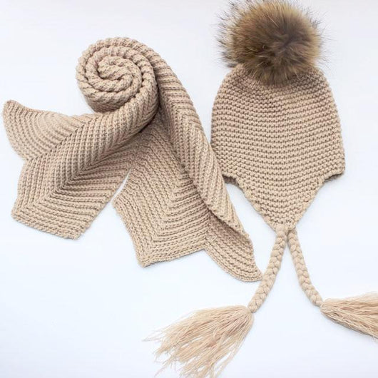 Pomkin Kids Beige Pomkin Crochet Hat + Scarf Set