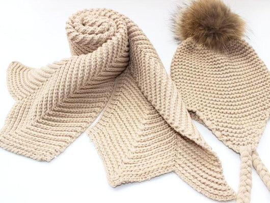 Pomkin Kids Beige Pomkin Crochet Hat + Scarf Set