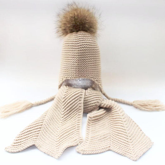 Pomkin Kids Beige Pomkin Crochet Hat + Scarf Set