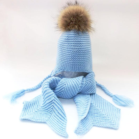 Pomkin Kids Icy Blue Fur Pom Crochet Hat + Scarf Set