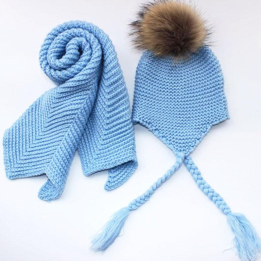 pomkin Kids Icy Blue Fur Pom Crochet Hat + Scarf Set