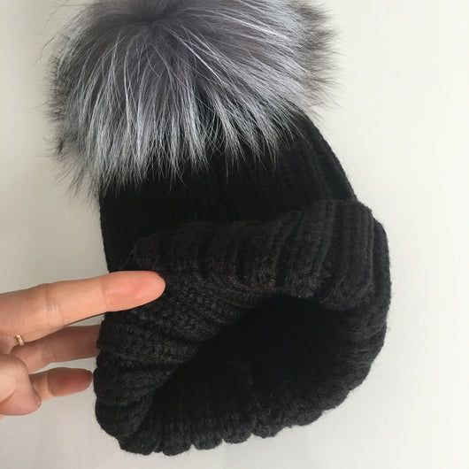 Pomkin Mini Kids Silver Fox Fur Black Pomkin Hat