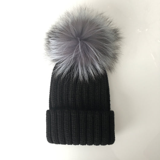 pomkin Mini Kids Silver Fox Fur Black Pomkin Hat