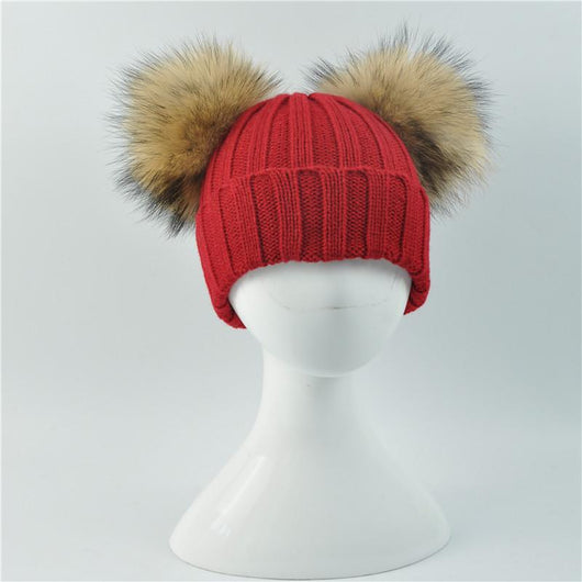 pomkin Mini Red Double Natural Pomkin Fur Pom Hat