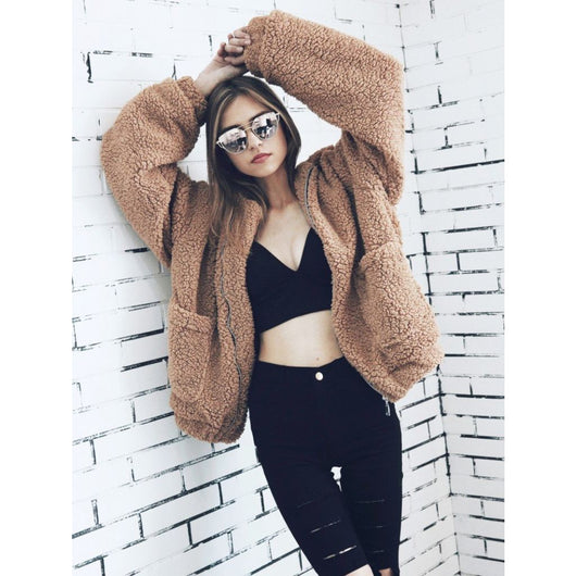 Pomkin Oversized Teddy Bear Zipup Jacket - Camel