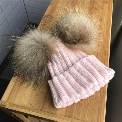 Pomkin Pink Double Natural Pomkin Fur Pom Hat