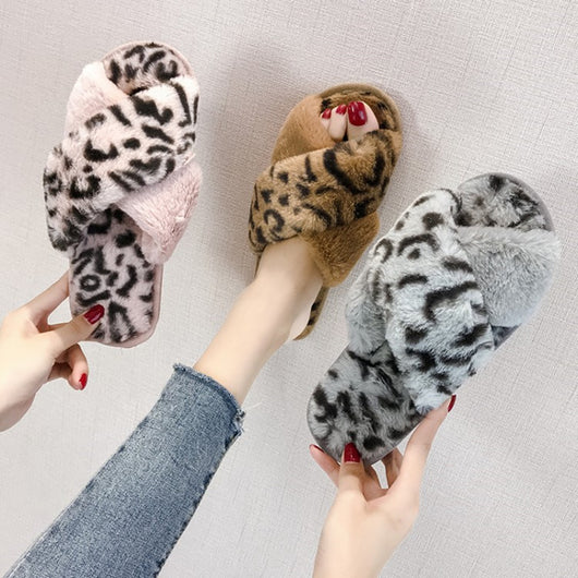 Pomkin Plush Faux Fur Animal Print Home Slippers