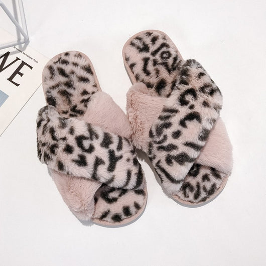 Pomkin Plush Faux Fur Animal Print Home Slippers
