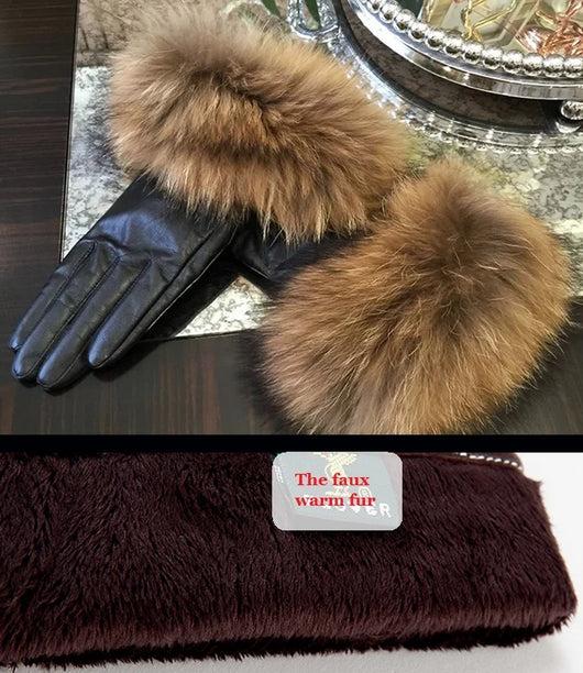 Pomkin Raccoon Fur Cuff Genuine Leather Gloves