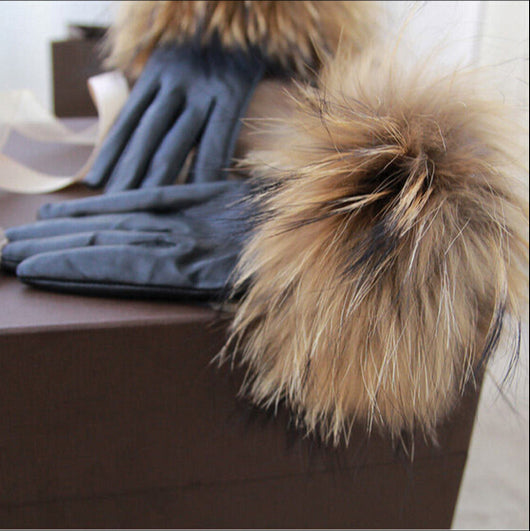pomkin Raccoon Fur Cuff Genuine Leather Gloves