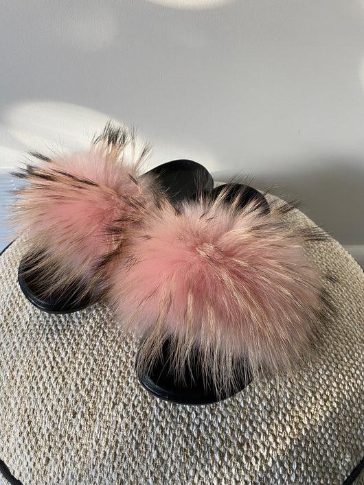 Pomkin Raccoon Fur Slides Slippers - Dusty Pink