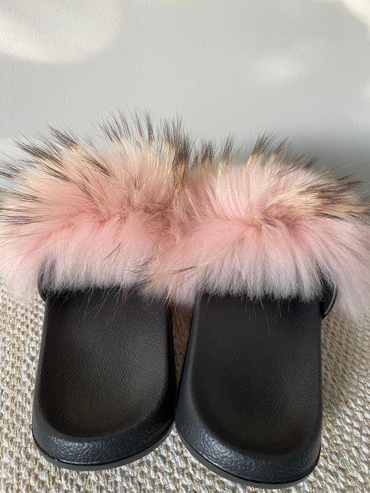 Pomkin Raccoon Fur Slides Slippers - Dusty Pink