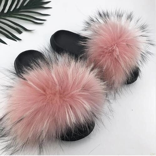 pomkin Raccoon Fur Slides Slippers - Dusty Pink