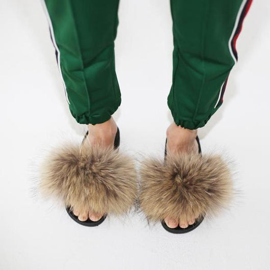 Pomkin Raccoon Fur Slides Slippers - Natural Brown