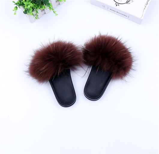 Pomkin Raccoon Fur Slides Slippers - Wine