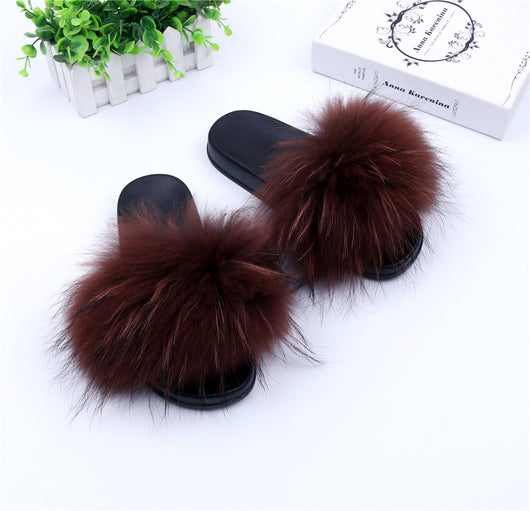 Pomkin Raccoon Fur Slides Slippers - Wine