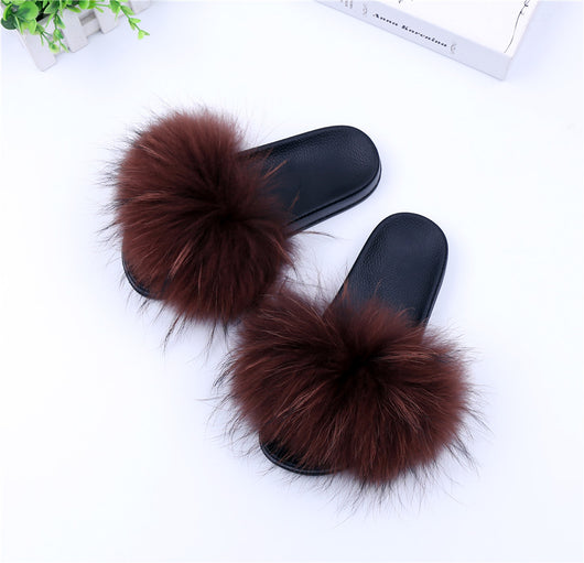 pomkin Raccoon Fur Slides Slippers - Wine