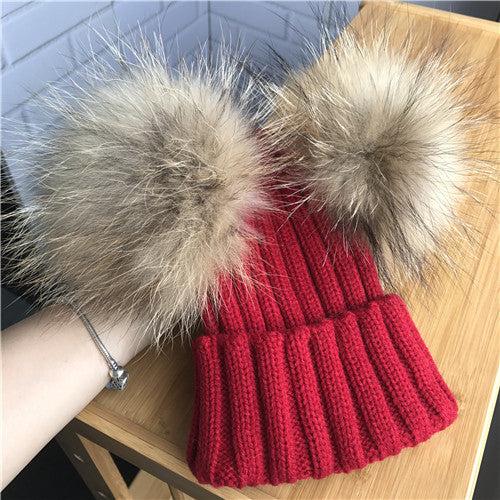Pomkin Red Double Natural Pomkin Fur Pom Hat
