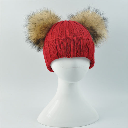 pomkin Red Double Natural Pomkin Fur Pom Hat