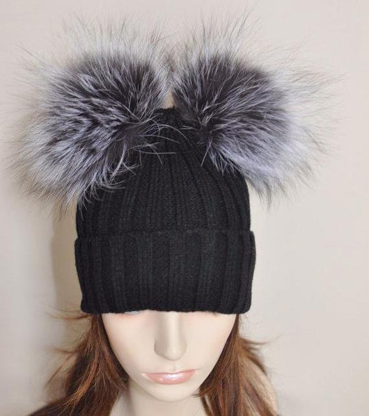 Pomkin Silver Fox Black Double Pomkin Fur Pom Hat