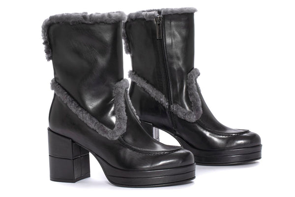 Pons Quintana BRISA BABY CALF BLACK + MOUTON CARBON ANKLE BOOT