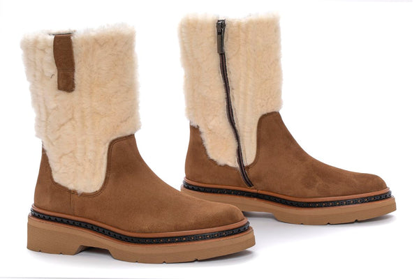 Pons Quintana YANNY PLATFORM ANKLE BOOT TOFFEE VELOUR + BEIGE TRIM