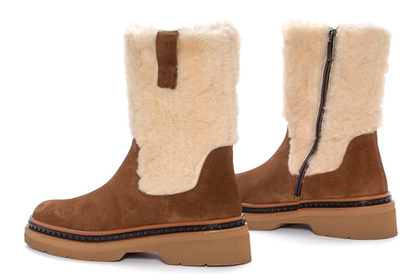 Pons Quintana YANNY PLATFORM ANKLE BOOT TOFFEE VELOUR + BEIGE TRIM