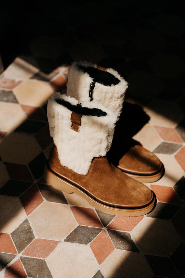 pons quintana YANNY PLATFORM ANKLE BOOT TOFFEE VELOUR + BEIGE TRIM