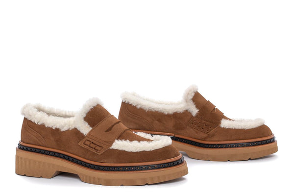 Pons Quintana YANNY VELOR TOFFE PLATFORM MOCCASIN + MOUTON BEIGE