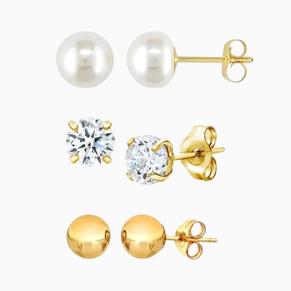 pori jewelers 14K Gold 4MM 3 Pack Stud Earrings Set